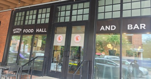 The facade of a food hall in Lancaster, Pennsylvania, reading "Southern Market Food Hall and Bar".
