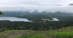 View from Wood-Tikchik State Park in Alaska on a foggy spring day.