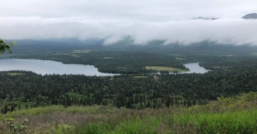 View from Wood-Tikchik State Park in Alaska on a foggy spring day.