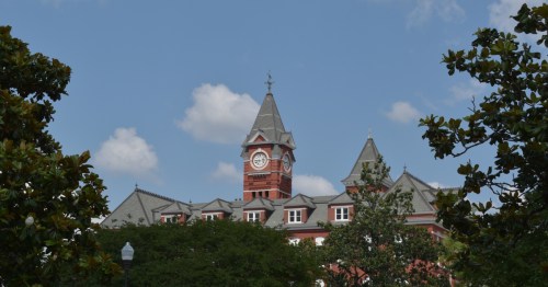 William J. Samford Hall clock tower northern side with foliage, Auburn, Alabama.