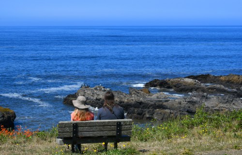 Husband and wife rest on wooden bench at Yachats State Park on the Oregon Coast. Their view includes blue sky, ocean, horizon and sea birds.
