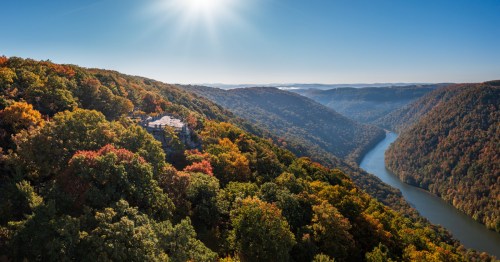A drone view of the Cheat River in West Virginia near the Coopers Rock overlook.