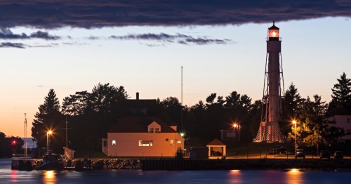A lighthouse at dusk in Sturgeon Bay, Wisconsin.