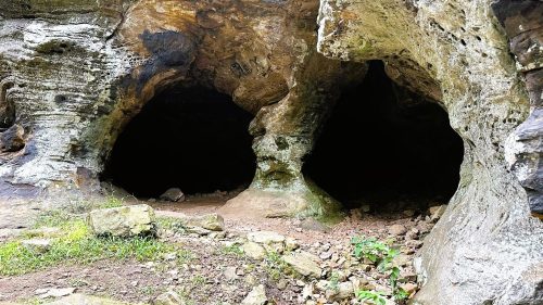 Two dark cave openings in a rocky landscape, surrounded by uneven ground and sparse vegetation.