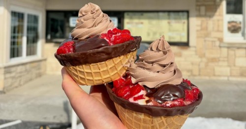 Two raspberry chocolate sundaes in front of LeDuc's Frozen Custard in Wales, Wisconsin