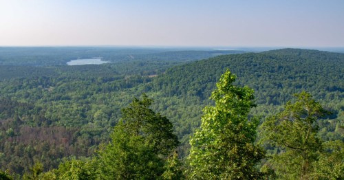 View from the top of Mount Morrow at the namesake state park, with rolling hills under a blue sky.