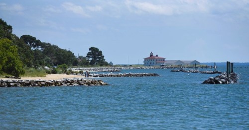 Views of the Point Lookout State Park in Maryland, featuring the Chesapeake Bay with a rocky shoreline.