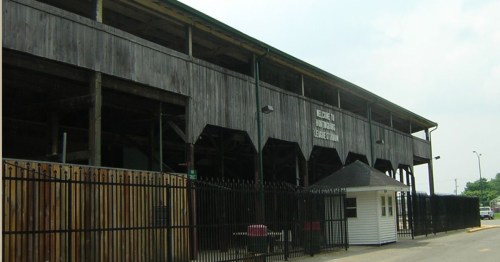 Historic League Stadium wooden exterior in Huntingburg, Indiana.