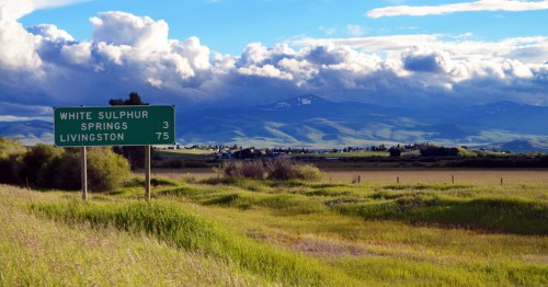 A mileage sign on the highway leading to White Sulphur Springs, West Virginia