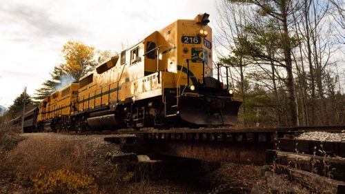 A yellow train engine travels along a track surrounded by trees and autumn foliage.