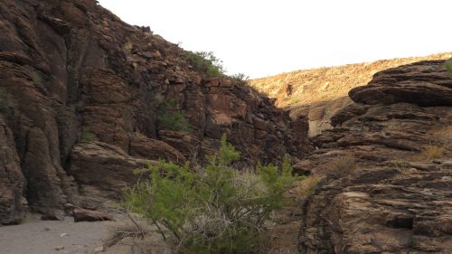 A rocky canyon with steep walls and sparse vegetation under a clear sky.