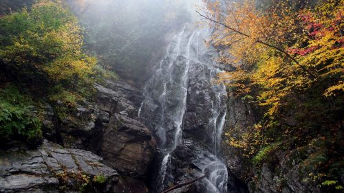 A misty waterfall cascades down rocky cliffs, surrounded by vibrant autumn foliage in a serene forest setting.