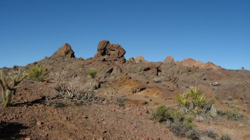 A rocky desert landscape with sparse vegetation under a clear blue sky.