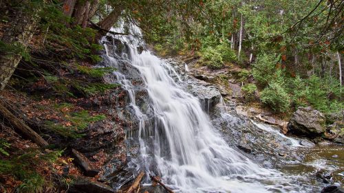 A serene waterfall cascading over rocky terrain, surrounded by lush green trees and foliage.