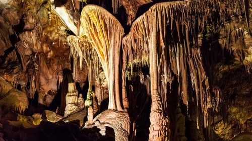 Stalactites and stalagmites in a dimly lit cave, showcasing unique rock formations and textures.