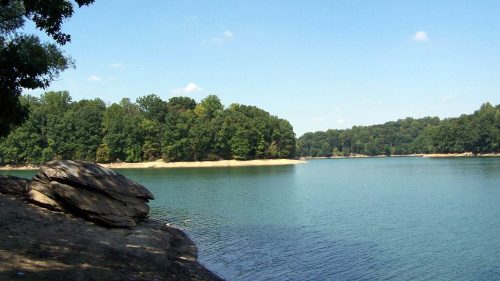 A serene lake surrounded by lush green trees under a clear blue sky, with rocky shores in the foreground.