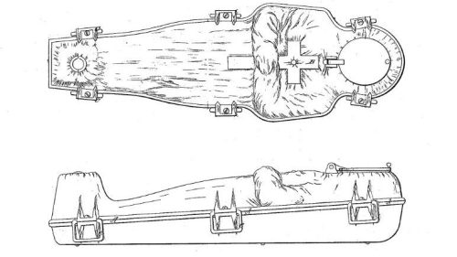 Illustration of a vintage-style coffin, showing both the exterior and interior design details.