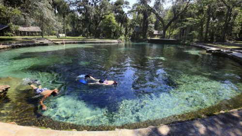 A serene natural spring with clear blue water, surrounded by lush greenery and people swimming and relaxing.