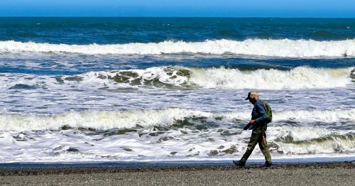 Agate hunter walking on Agate Beach in Sue-Meg State Park