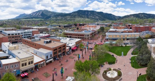 An aerial view of Pearl Street Mall in Boulder, Colorado.