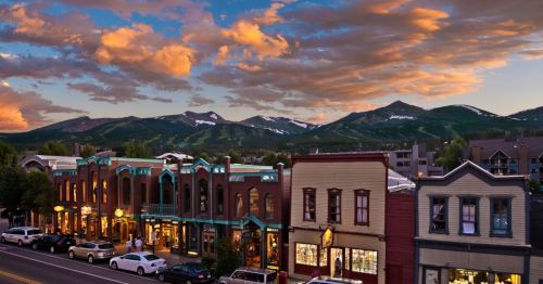Breckenridge, Colorado, Main Street at sunset.