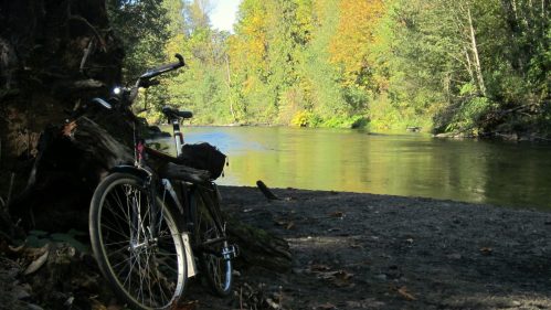 A bicycle rests by a serene riverbank surrounded by trees with autumn foliage.