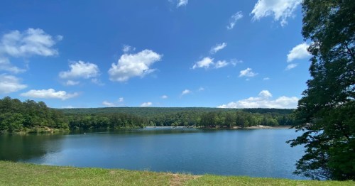 A view of Double Oak Lake in Alabama, with a clear blue lake under an open sky.