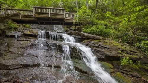 A serene waterfall cascades over rocks, with a wooden bridge above surrounded by lush green trees.