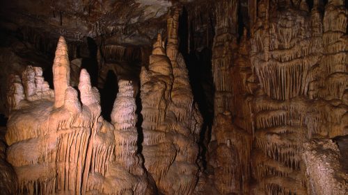 Stalactites and stalagmites in a dimly lit cave, showcasing intricate natural formations.