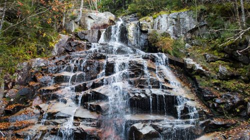 A serene waterfall cascading over rocky terrain, surrounded by autumn foliage and lush green trees.