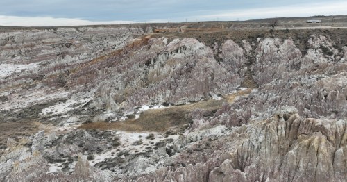 Aerial view of hoodoos at Hell’s Half Acre in Wyoming