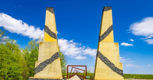 A view of the stone pillars leading to the High Trestle Bridge in Madrid, Iowa.