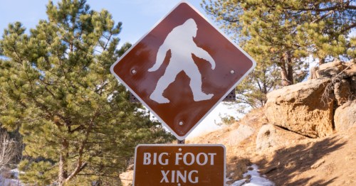 A Bigfoot crossing sign posted on road near the forest. Bigfoot is still a hidden legend in Illinois that people are actively looking for.