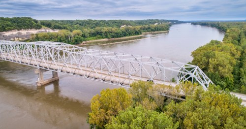 An aerial view of a bridge crossing the Missouri River near Rocheport, MO.