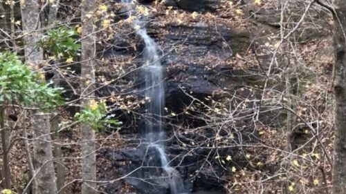 A serene waterfall cascading over rocks, surrounded by trees with autumn leaves.