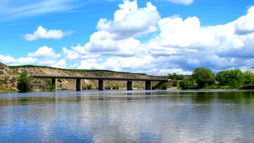 A serene river scene with a bridge spanning across, surrounded by lush greenery and fluffy clouds reflecting in the water.
