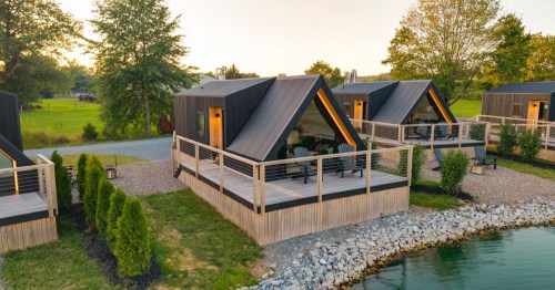An exterior shot of the Waterfront A-frame Studio Airbnb property at the Red Run Resort and Campground in New Holland, Pennsylvania.