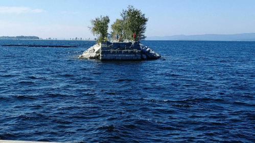 A small rocky island with trees, surrounded by water, under a clear blue sky. A few people are visible on the island.