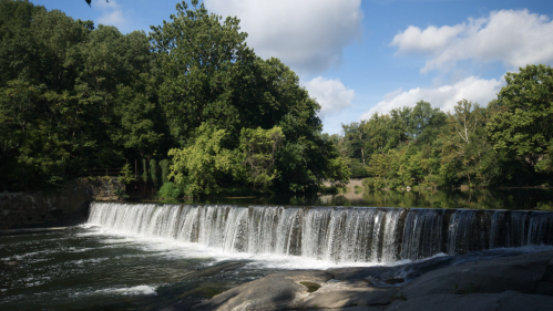 A serene waterfall cascades over rocks, surrounded by lush green trees and a clear blue sky.