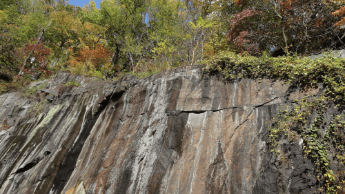 A rocky cliff with vibrant autumn foliage above, under a clear blue sky.