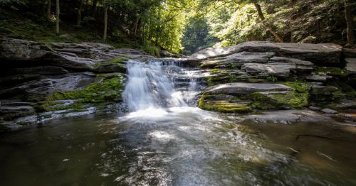 An image of the swimming hole in Fawn's Leap in the Catskills region in New York, and the swimming hole is lined with rocks and there's a current and stream.