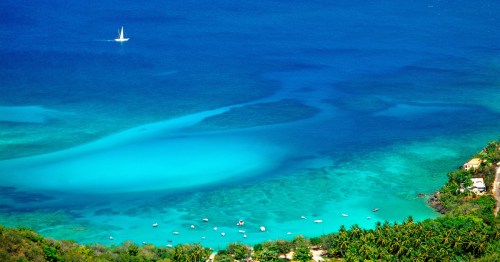 U.S. Virgin Islands, Caribbean. North over the clear blue waters of Hull Bay on the island of St. Thomas