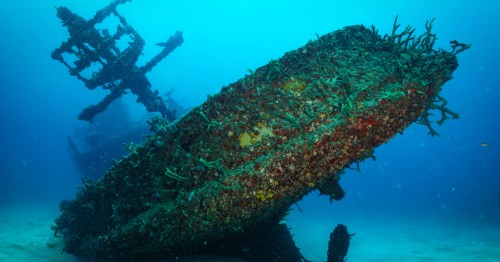 Sunken Ship covered in barnacles underwater in Florida