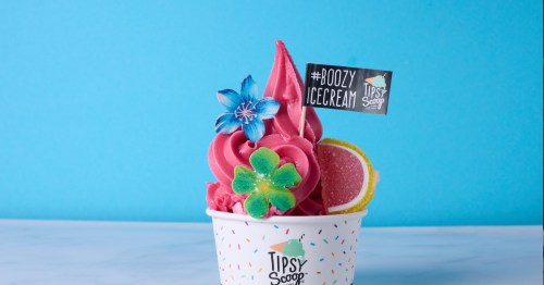 A pink soft-serve margarita topped with a flower in a cup from the Tipsy Scoop "barlour" in Philadelphia, Pennsylvania.