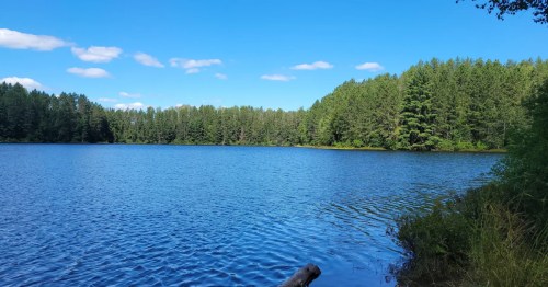 A view of Whispering Lake in Wisconsin, with the crystal-blue lake surrounded. by a thicket of evergreen trees.