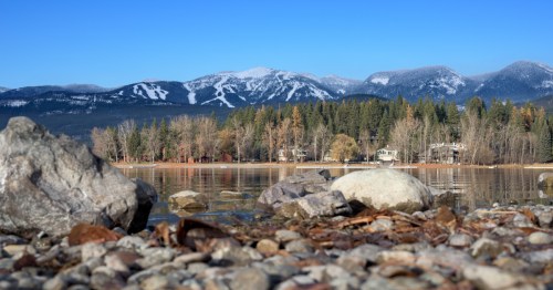 Whitefish Mountain Resort viewed from the shores of Whitefish Lake in Whitefish, Montana.