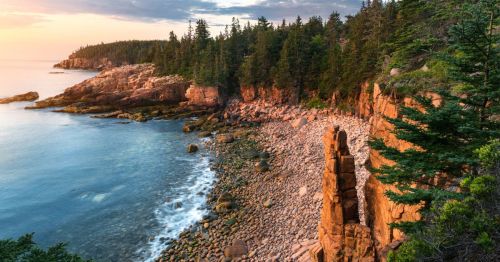 Maine's Acadia National Park at sunrise is seen, with jagged cliffs leading down to a beach and pine trees on top of them.