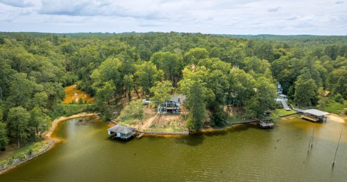 aerial shot of The Nest at Eagle Bay Cove, a waterfront home in Downsville, Louisiana