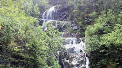 A cascading waterfall flows down rocky cliffs, surrounded by lush green trees and foliage.