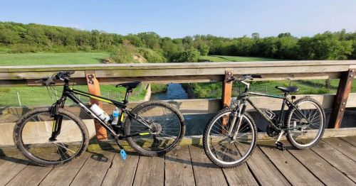 Bikes on a bridge at Shabbona Lake State Park in Illinois